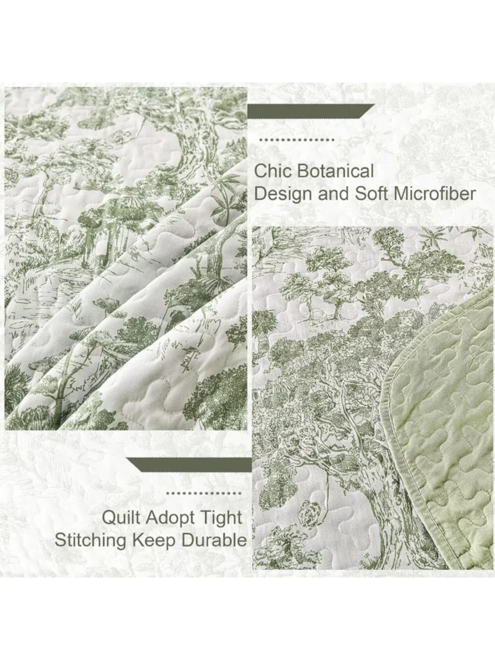 Sage Green King Quilt Set - Reversible Floral Botanical Bedding, 3-Piece